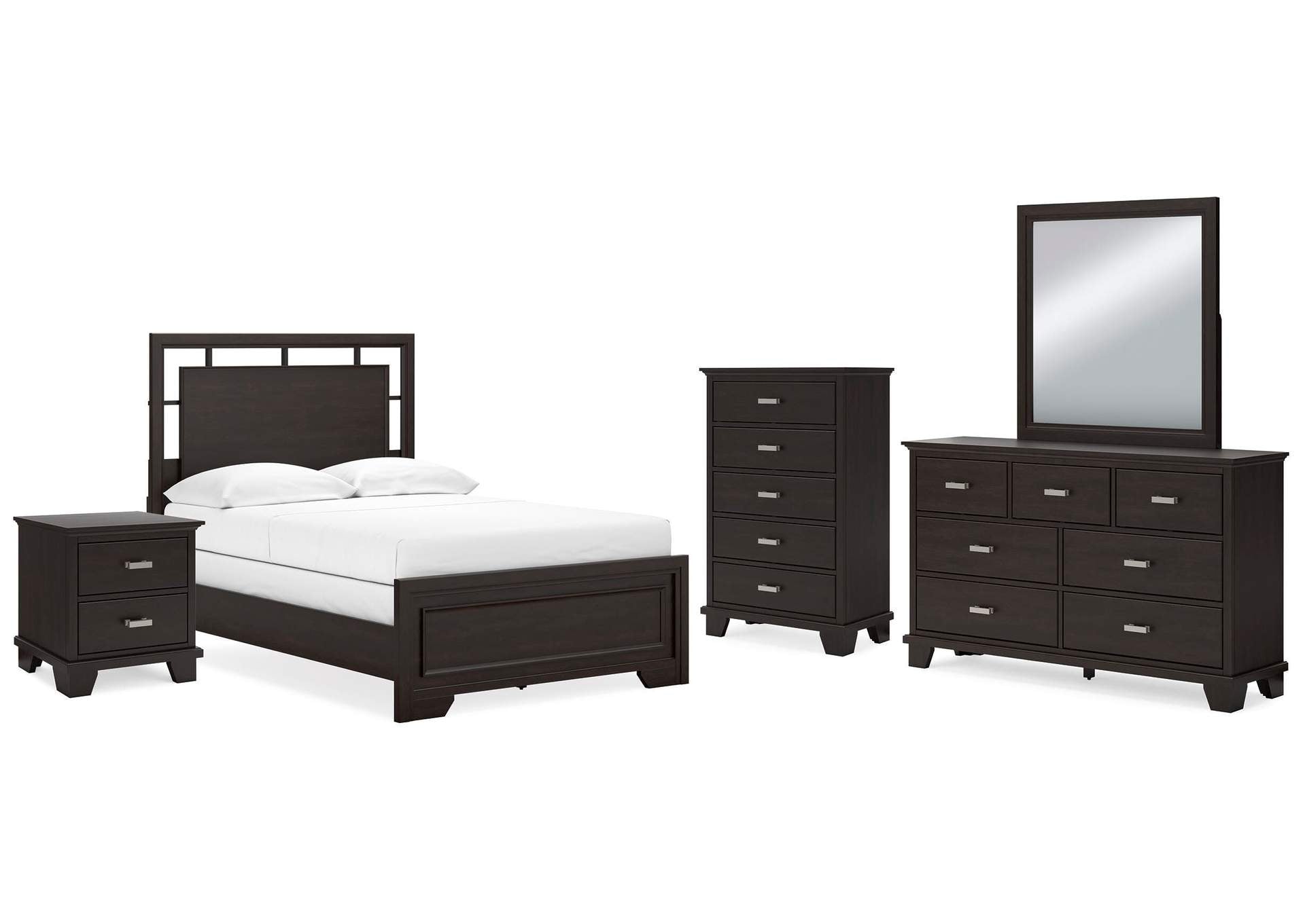 Covetown Full Panel Bed with Mirrored Dresser, Chest and Nightstand
