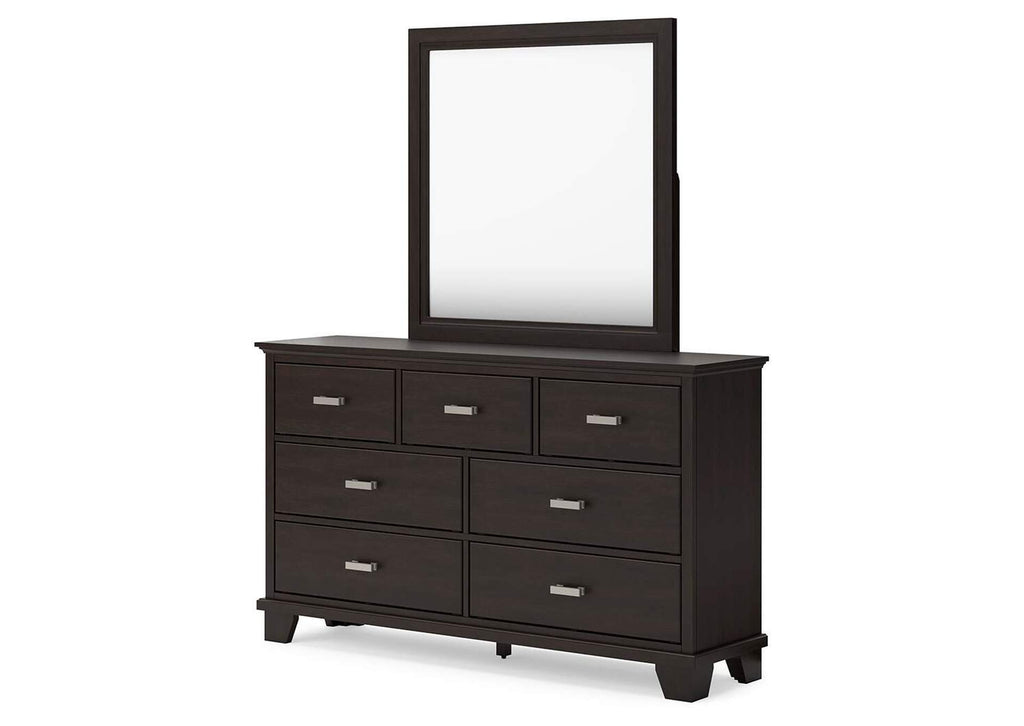 Covetown King Panel Bed with Mirrored Dresser and Nightstand angled view