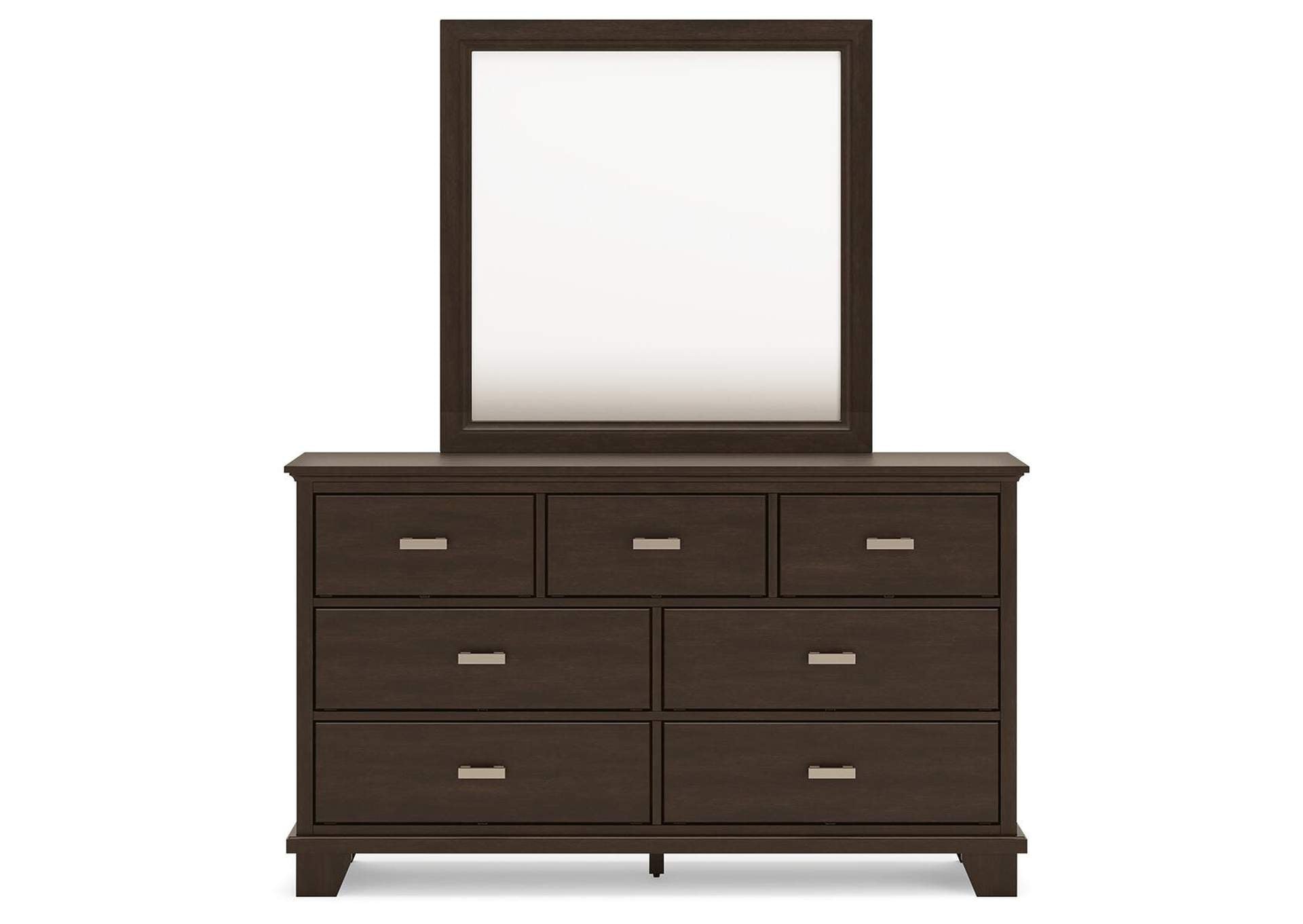 Covetown Queen Panel Bed with Mirrored Dresser, Chest and Nightstand front view