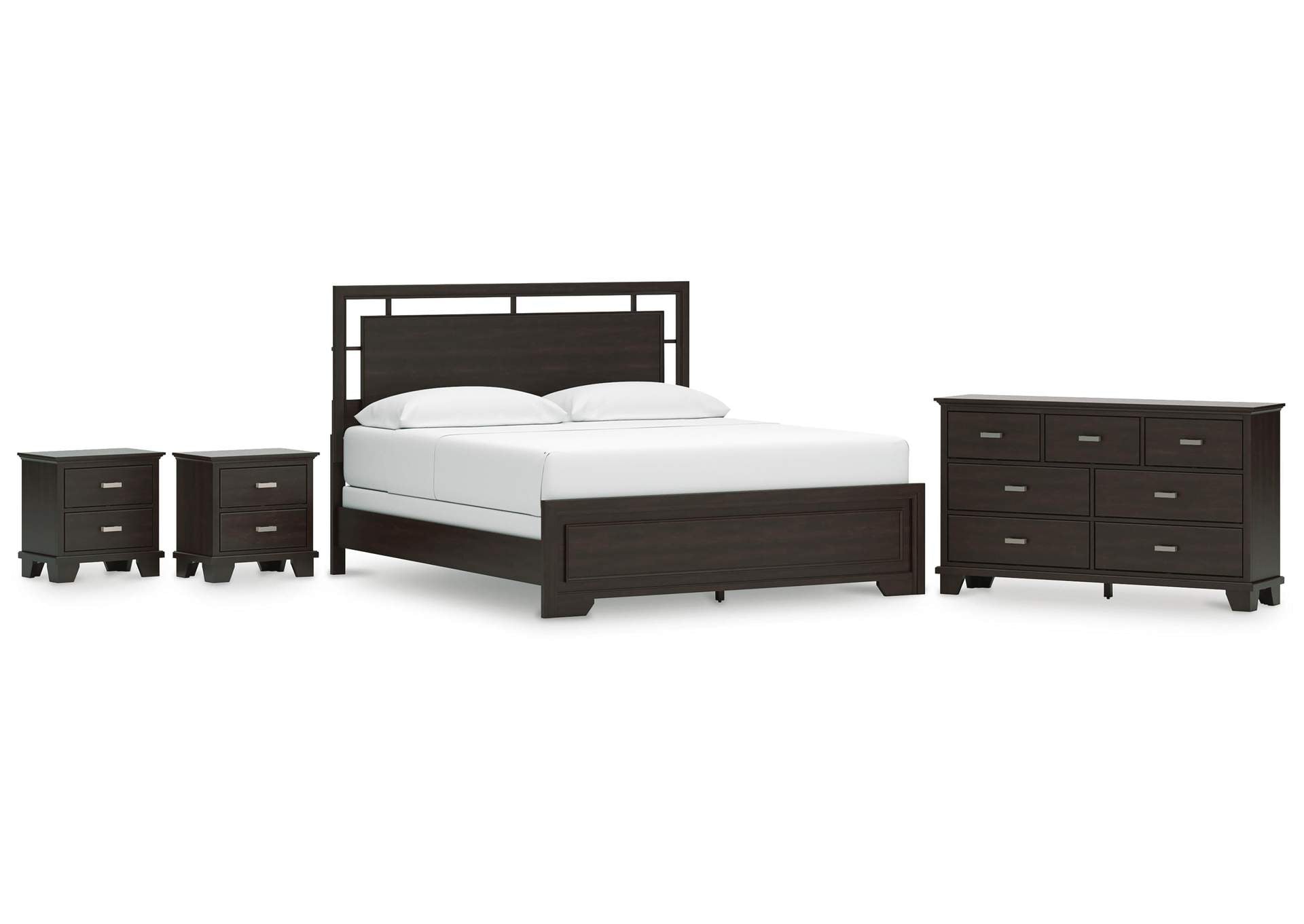 Covetown California King Panel Bed, Dresser and 2 Nightstands