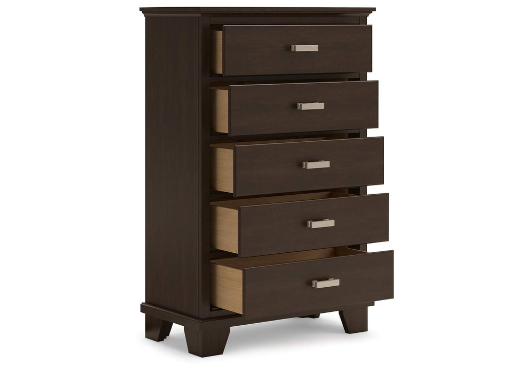 Covetown Full Panel Bed with Mirrored Dresser, Chest and Nightstand angled view
