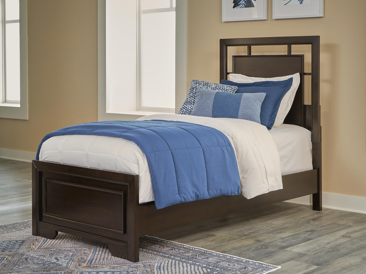 Covetown Twin Panel Bed in Dark Brown, lifestyle view