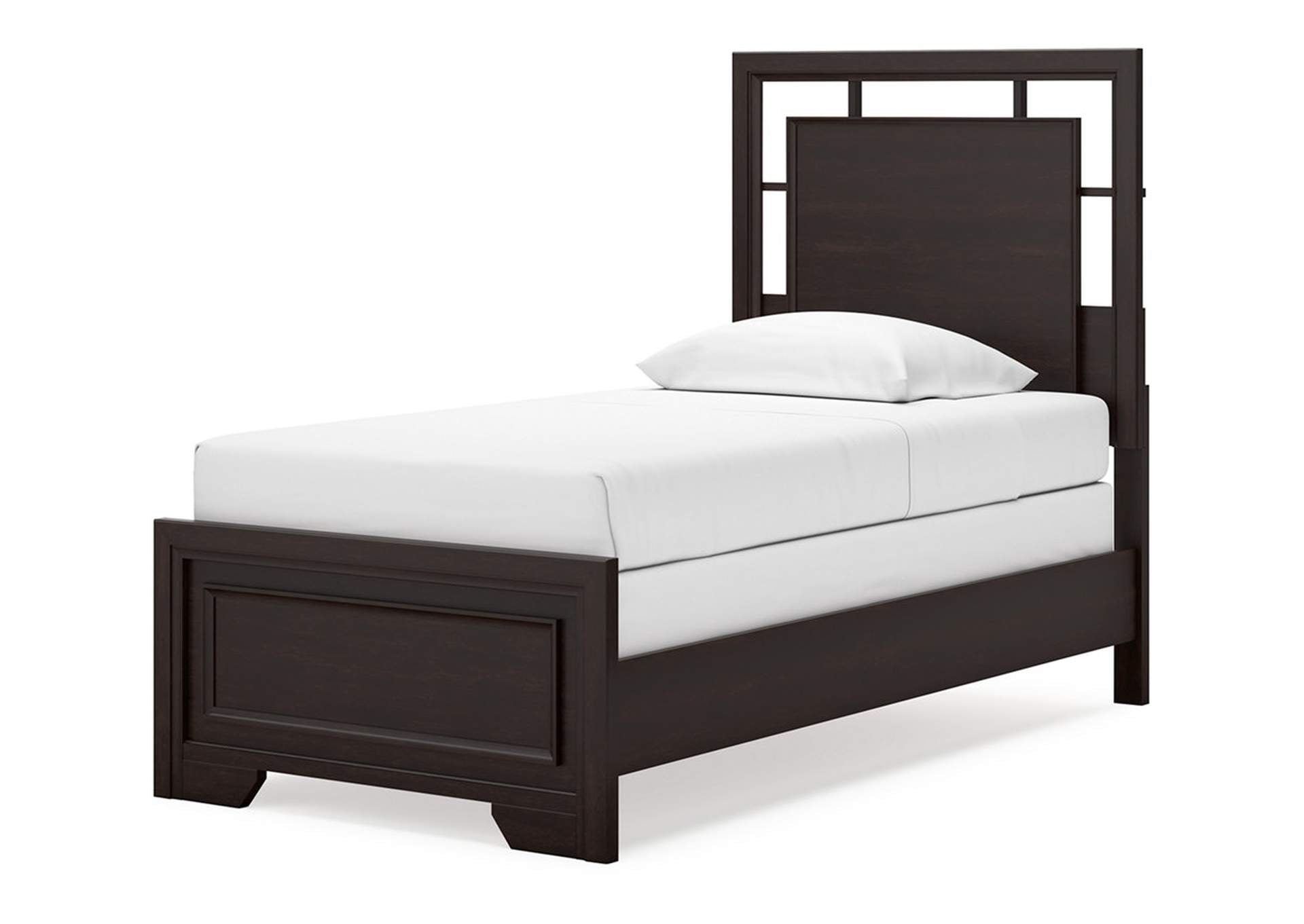 Covetown Twin Panel Bed with Mirrored Dresser, Chest and Nightstand angled view
