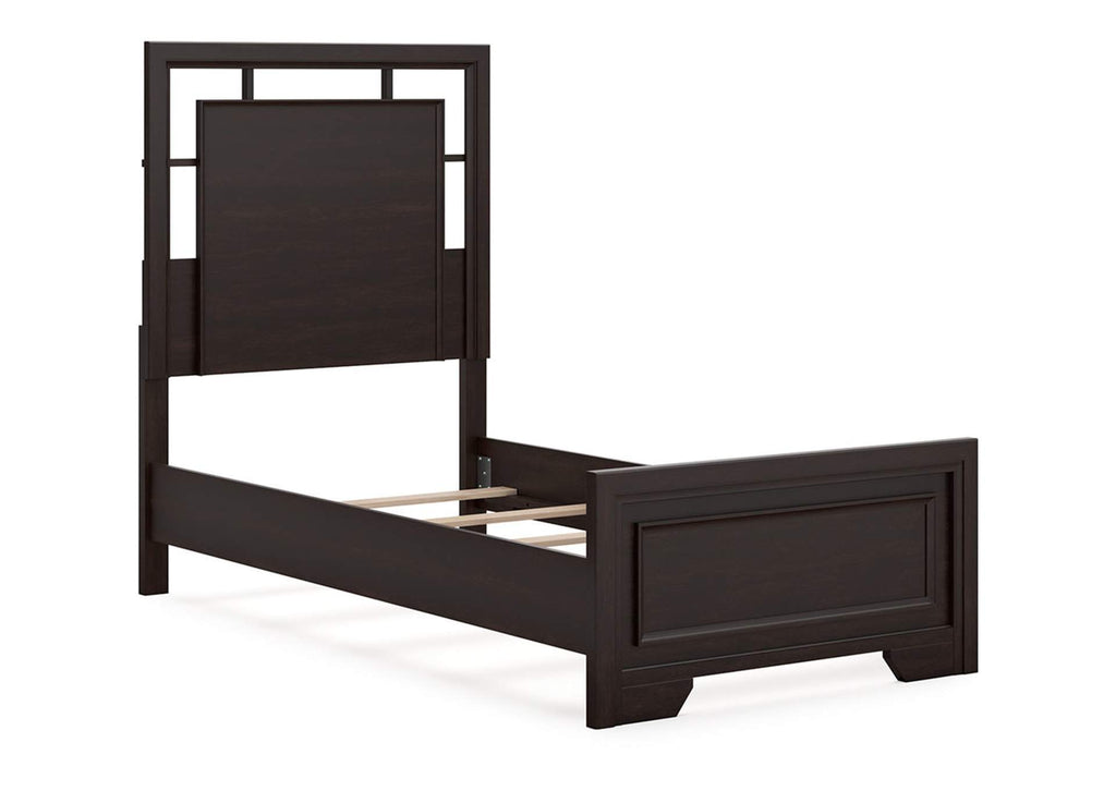 Covetown Twin Panel Bed with Mirrored Dresser and Nightstand angled view