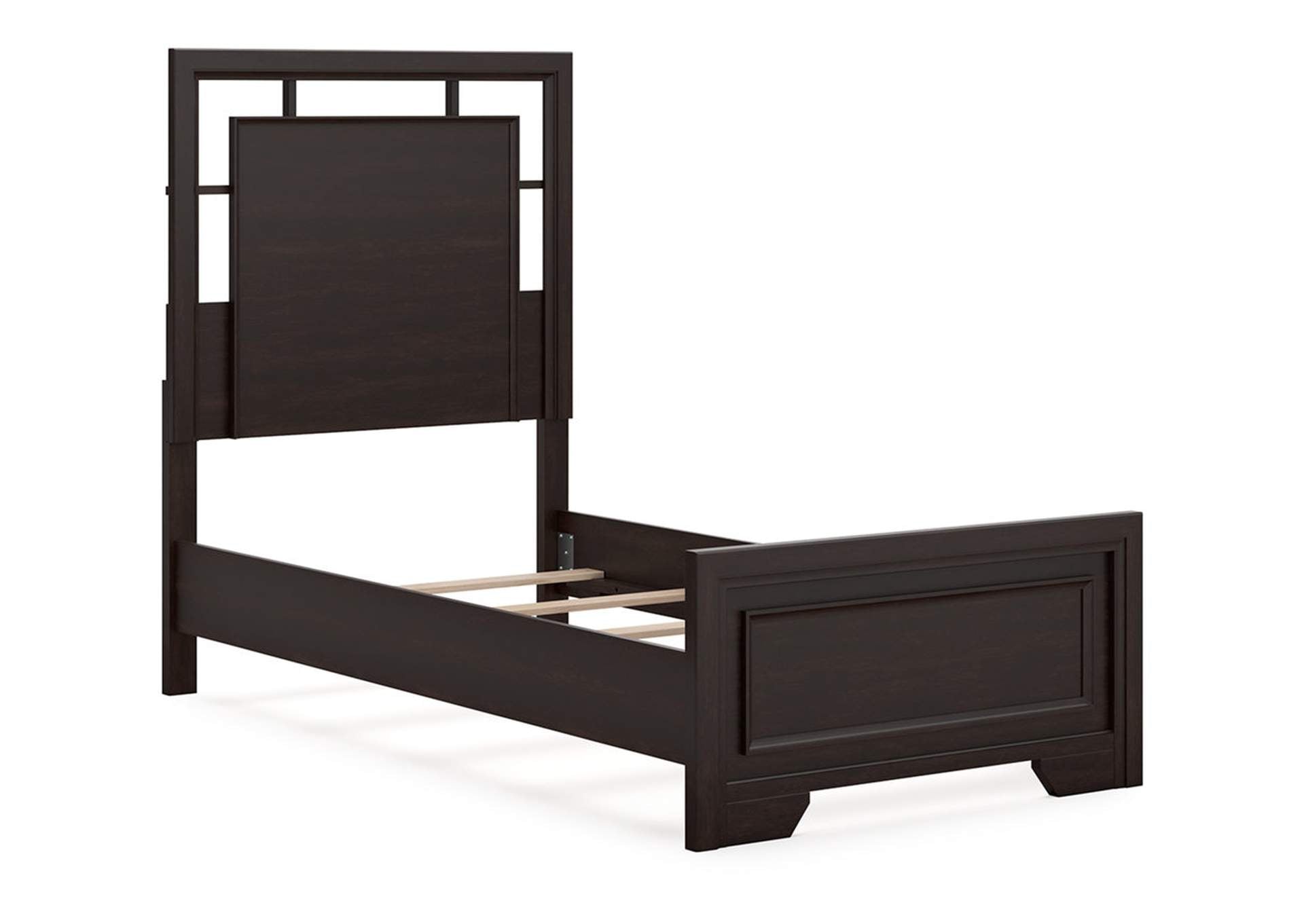 Covetown Twin Panel Bed with Mirrored Dresser and Chest angled view