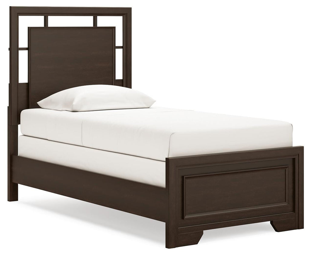 Covetown Twin Panel Bed in Dark Brown, angle view