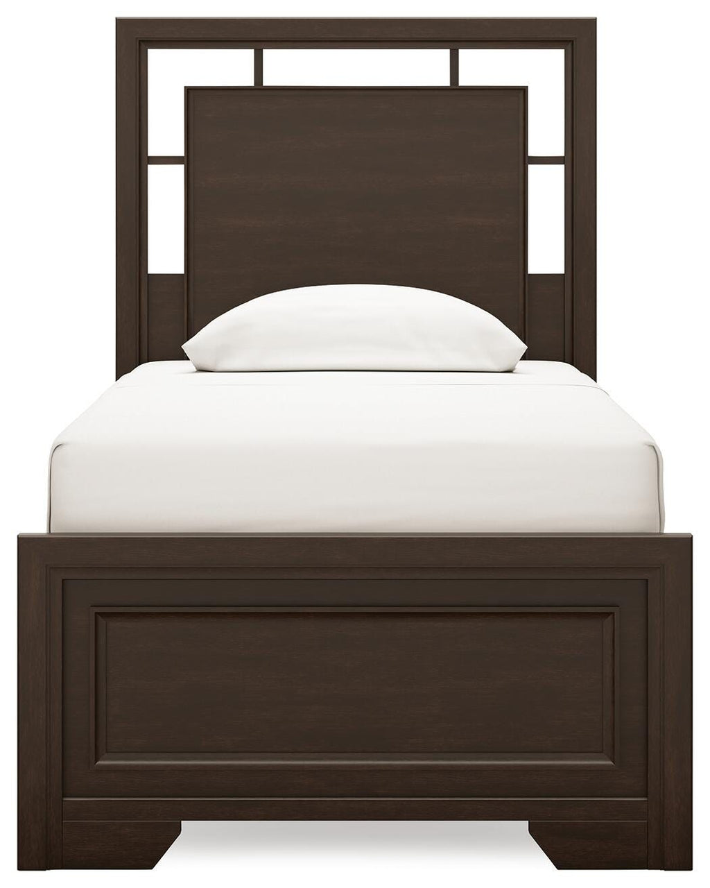 Covetown Twin Panel Bed in Dark Brown, front view