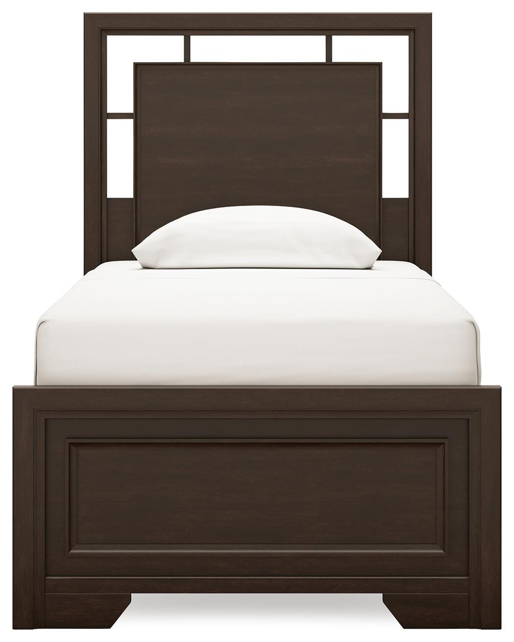 Covetown Twin Panel Bed in Dark Brown, front view