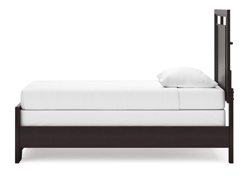 Covetown Twin Panel Bed with Mirrored Dresser and Nightstand side view