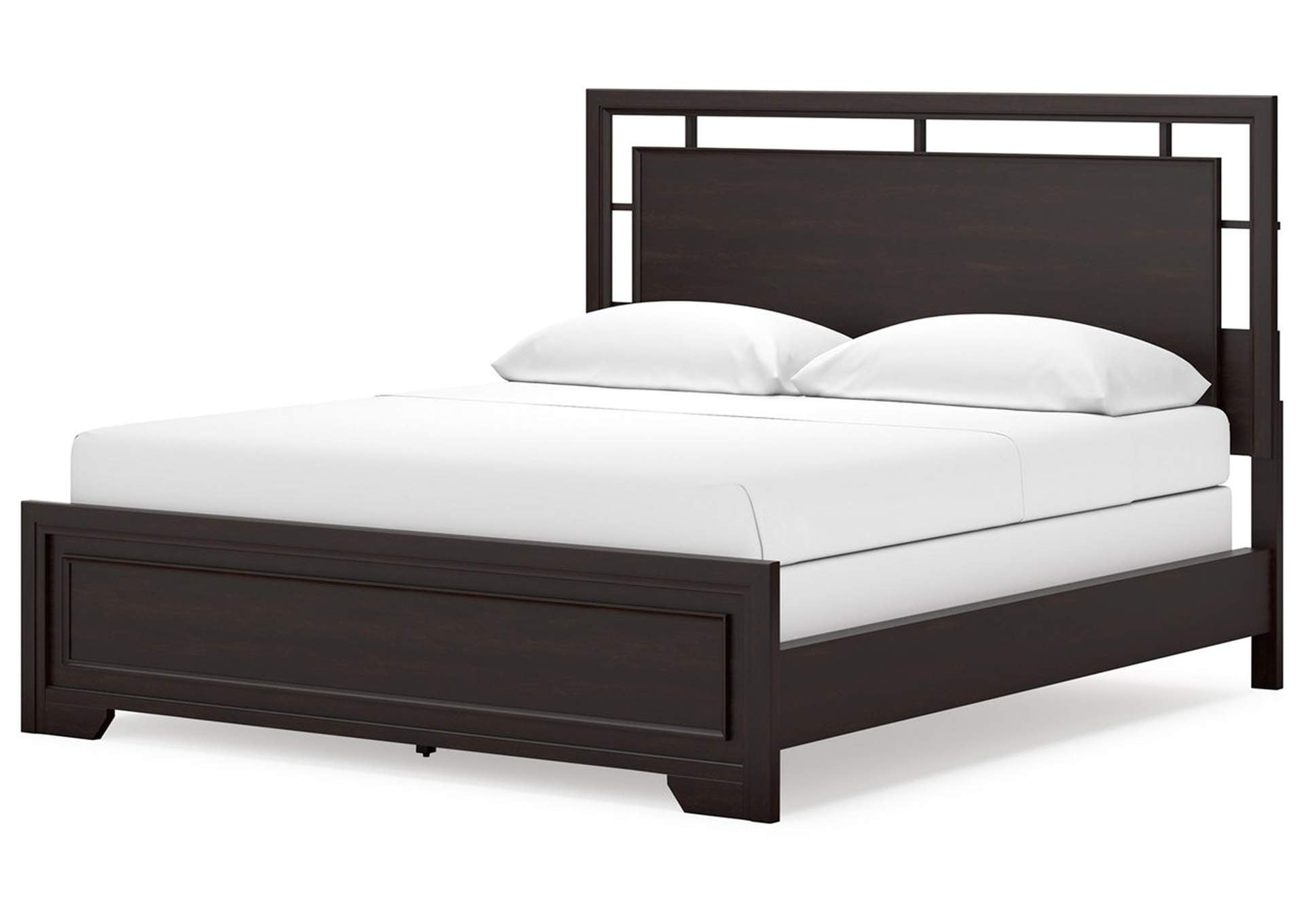 Covetown California King Panel Bed with Mirrored Dresser, Chest and Nightstand angled view