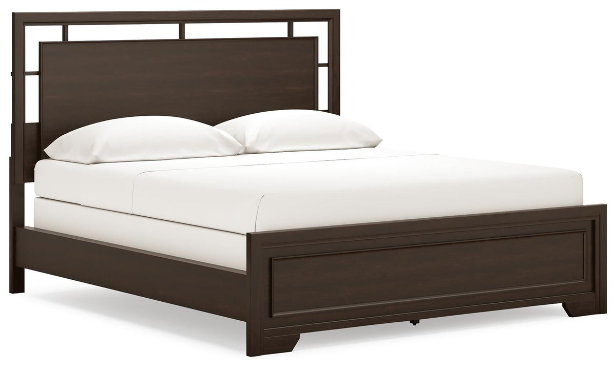 Covetown California King Panel Bed in Dark Brown, angle view