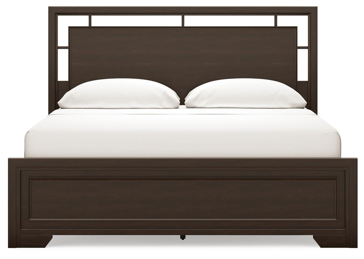 Covetown California King Panel Bed in Dark Brown, front view