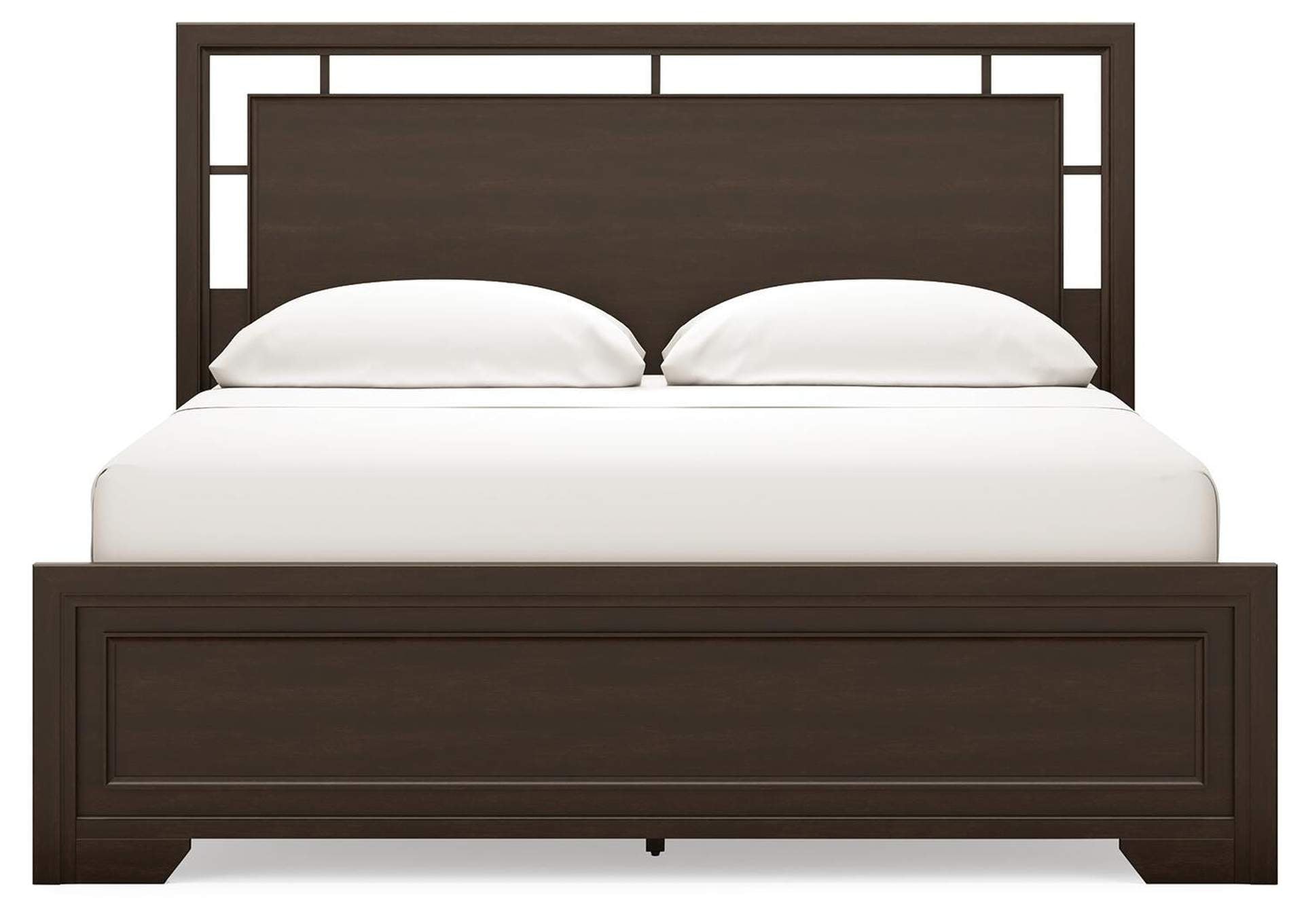 Covetown California King Panel Bed with Mirrored Dresser, Chest and Nightstand front view