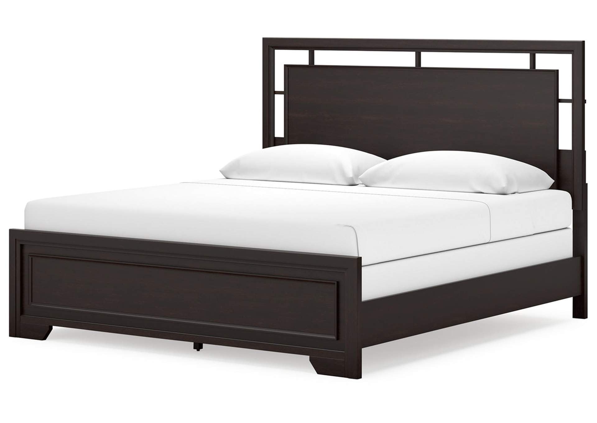 Covetown King Panel Bed with Mirrored Dresser and Nightstand angled view