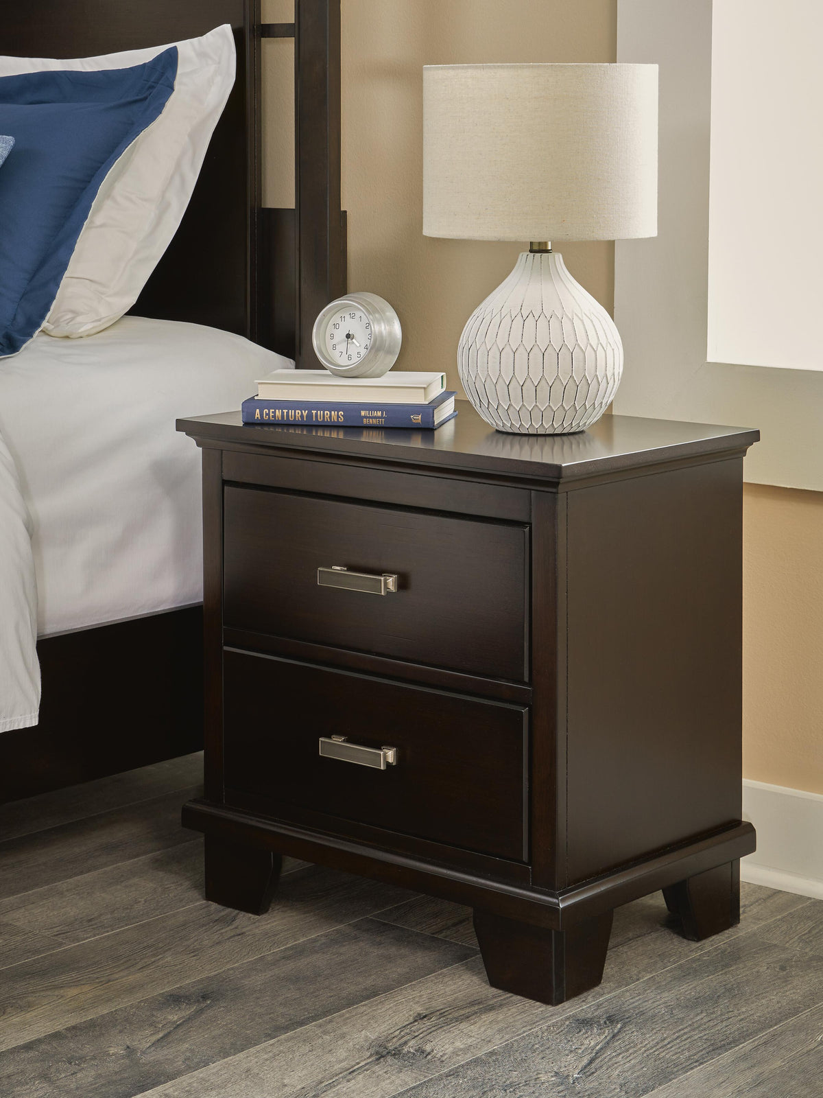 Covetown Nightstand in Dark Brown, lifestyle view