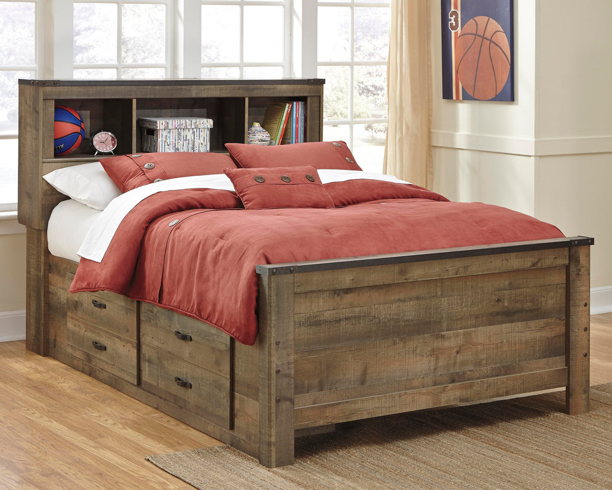Trinell Full Bookcase Bed with 2 Sided Storage in Brown, lifestyle view