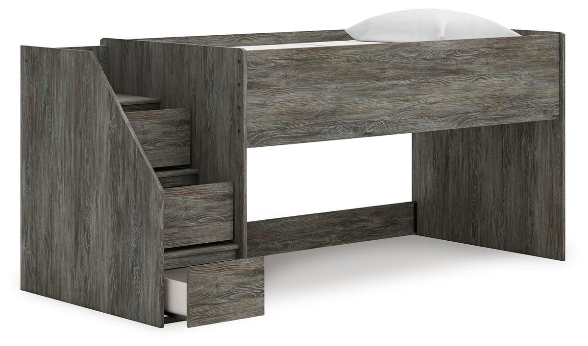 Frandern Twin Loft Bed in Gray, open view
