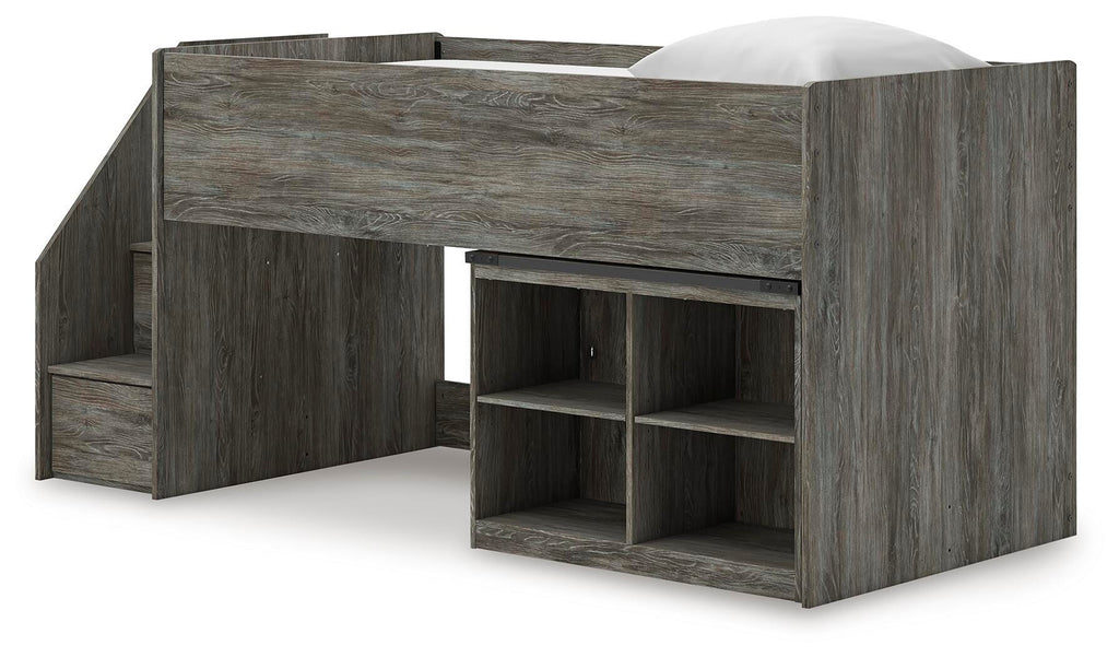 Frandern Twin Loft  Bed with Bookcase Storage in Gray, angle view