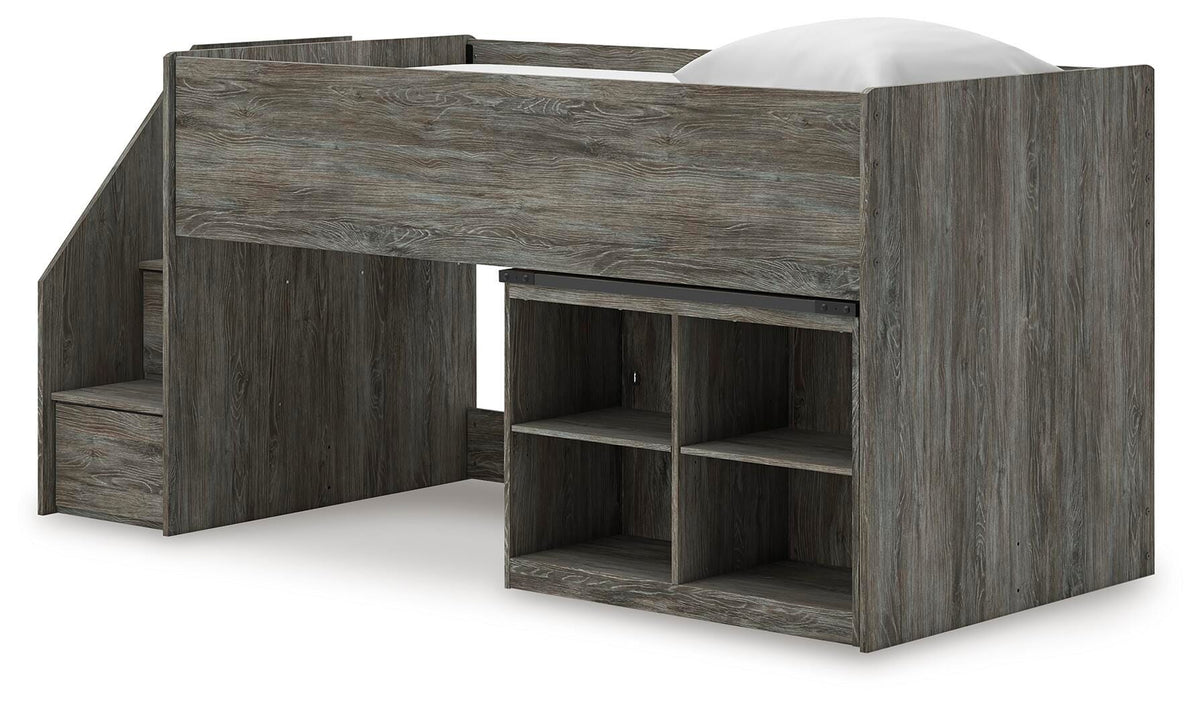 Frandern Twin Loft  Bed with Bookcase Storage in Gray, angle view