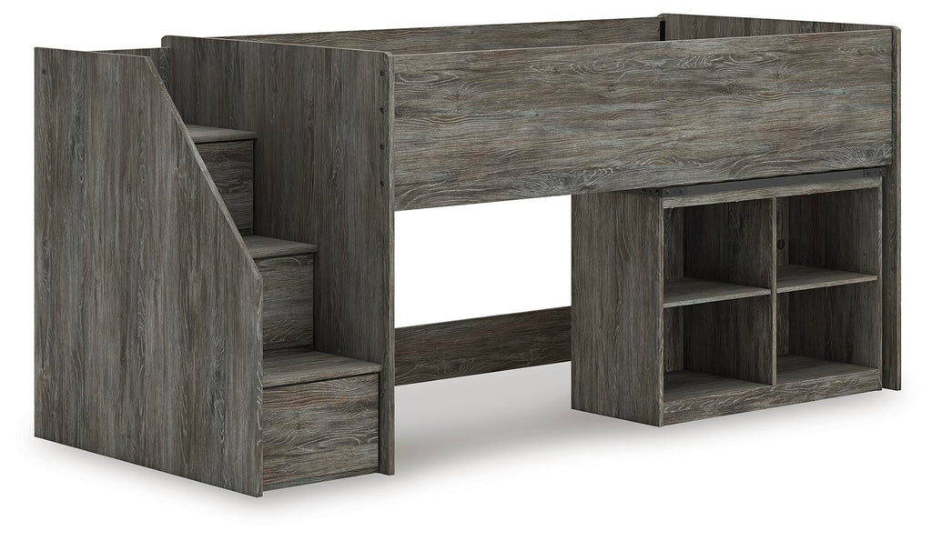 Frandern Twin Loft  Bed with Bookcase Storage in Gray, angle view