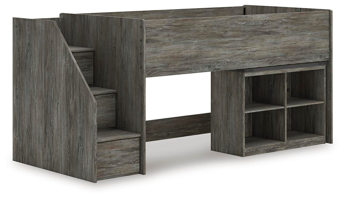Frandern Twin Loft  Bed with Bookcase Storage in Gray, angle view