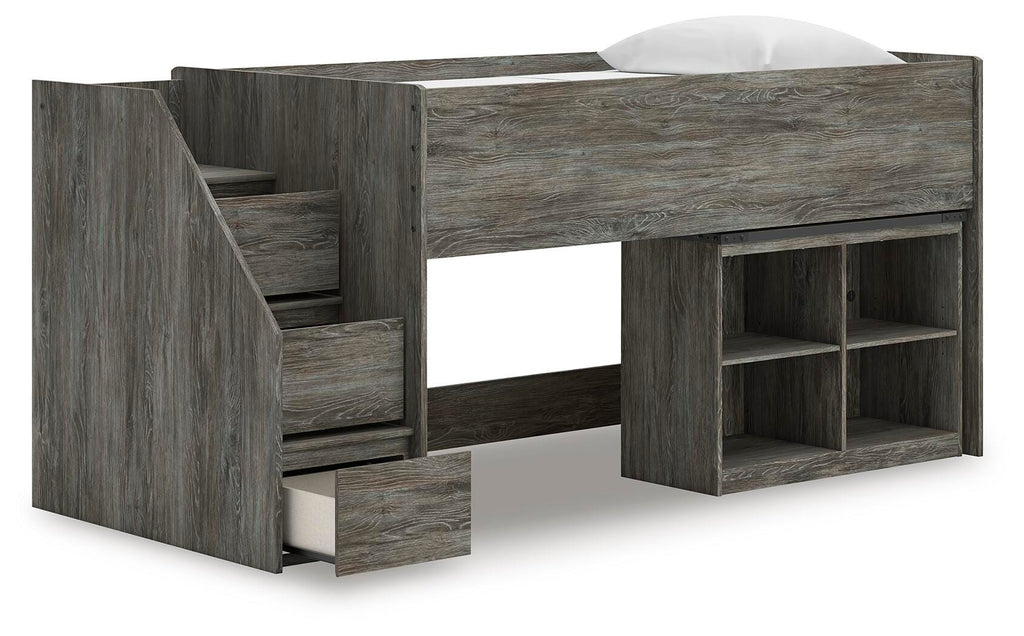 Frandern Twin Loft  Bed with Bookcase Storage in Gray, open view