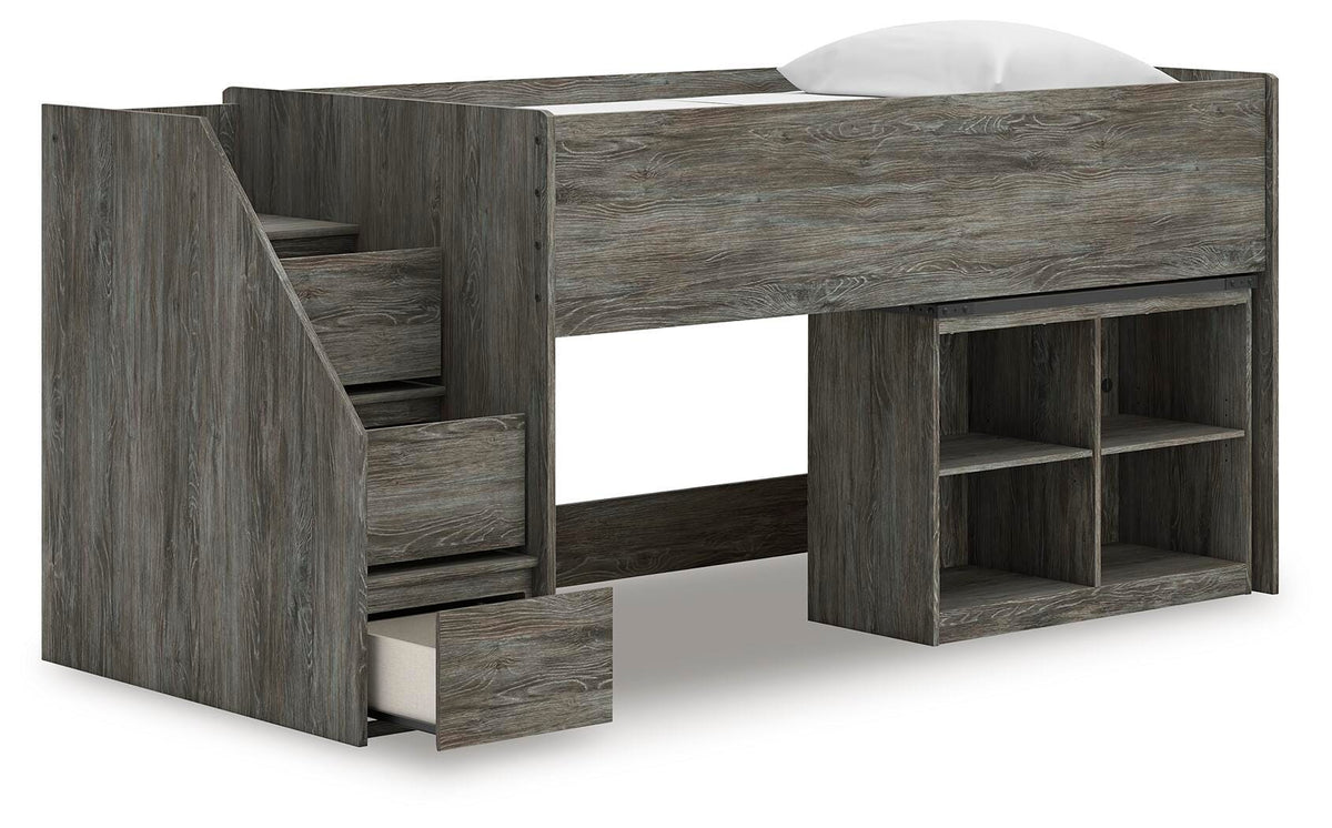 Frandern Twin Loft  Bed with Bookcase Storage in Gray, open view