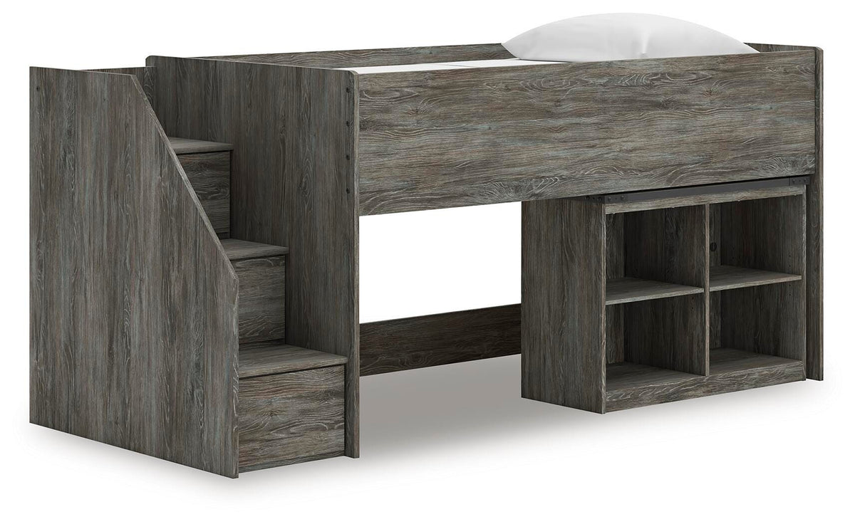 Frandern Twin Loft  Bed with Bookcase Storage in Gray, angle view