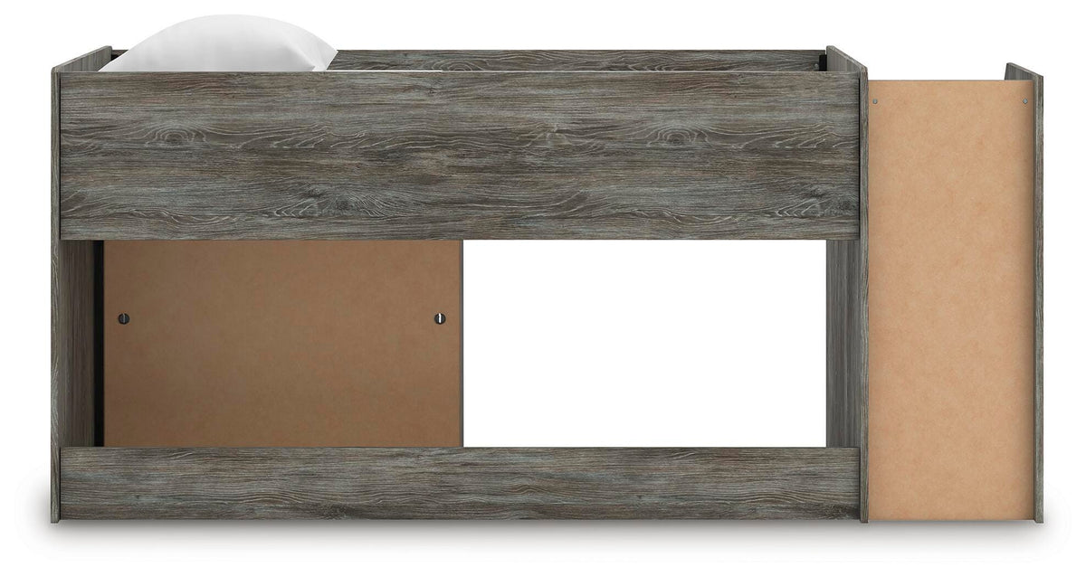 Frandern Twin Loft  Bed with Bookcase Storage in Gray, back view