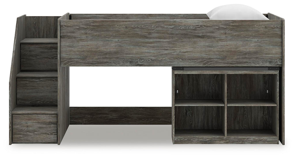Frandern Twin Loft  Bed with Bookcase Storage in Gray, front view