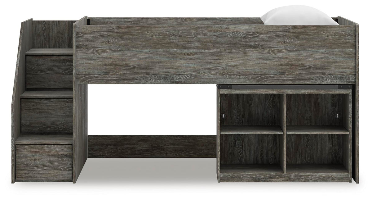 Frandern Twin Loft  Bed with Bookcase Storage in Gray, front view
