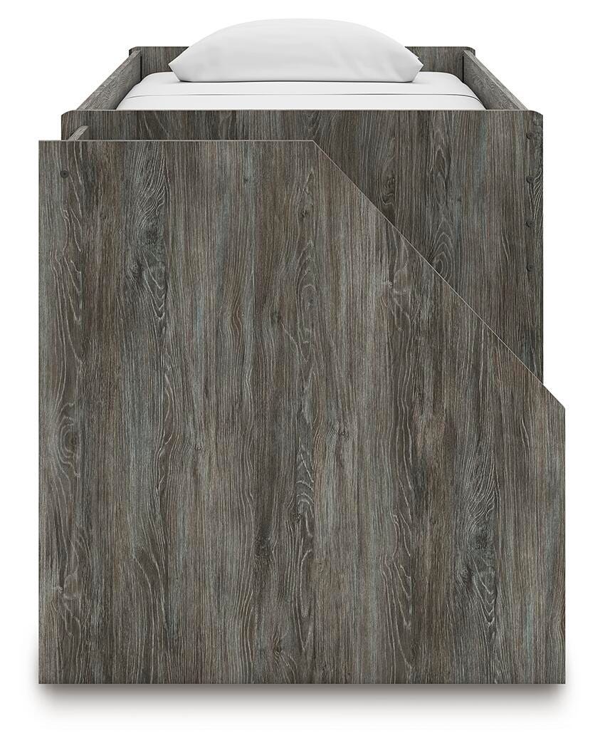 Frandern Twin Loft  Bed with Bookcase Storage in Gray, side view