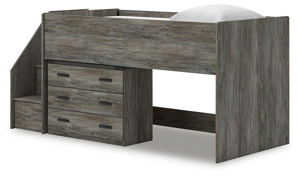 Frandern Twin Loft Bed with Drawer Storage in Gray, angle view