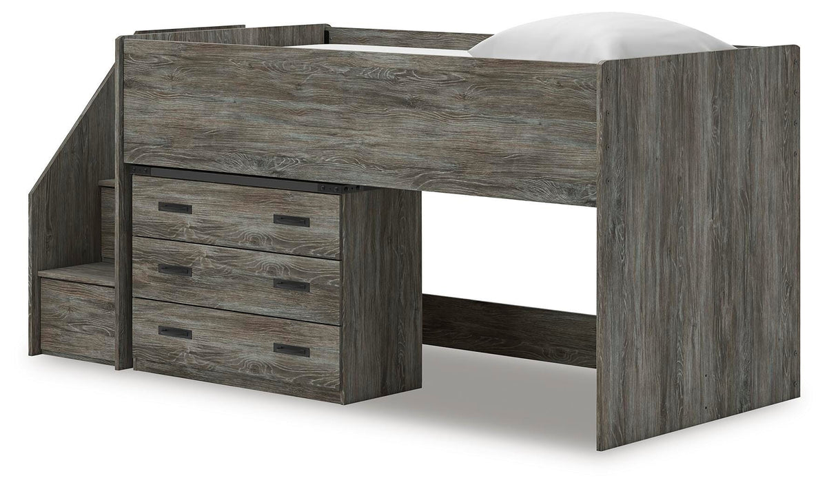 Frandern Twin Loft Bed with Drawer Storage in Gray, angle view