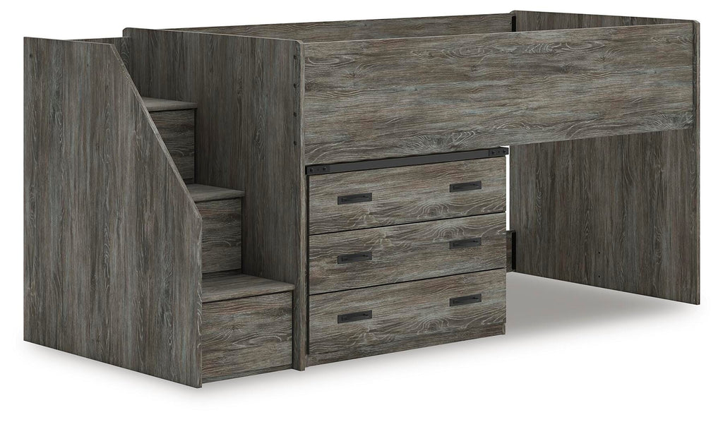 Frandern Twin Loft Bed with Drawer Storage in Gray, angle view