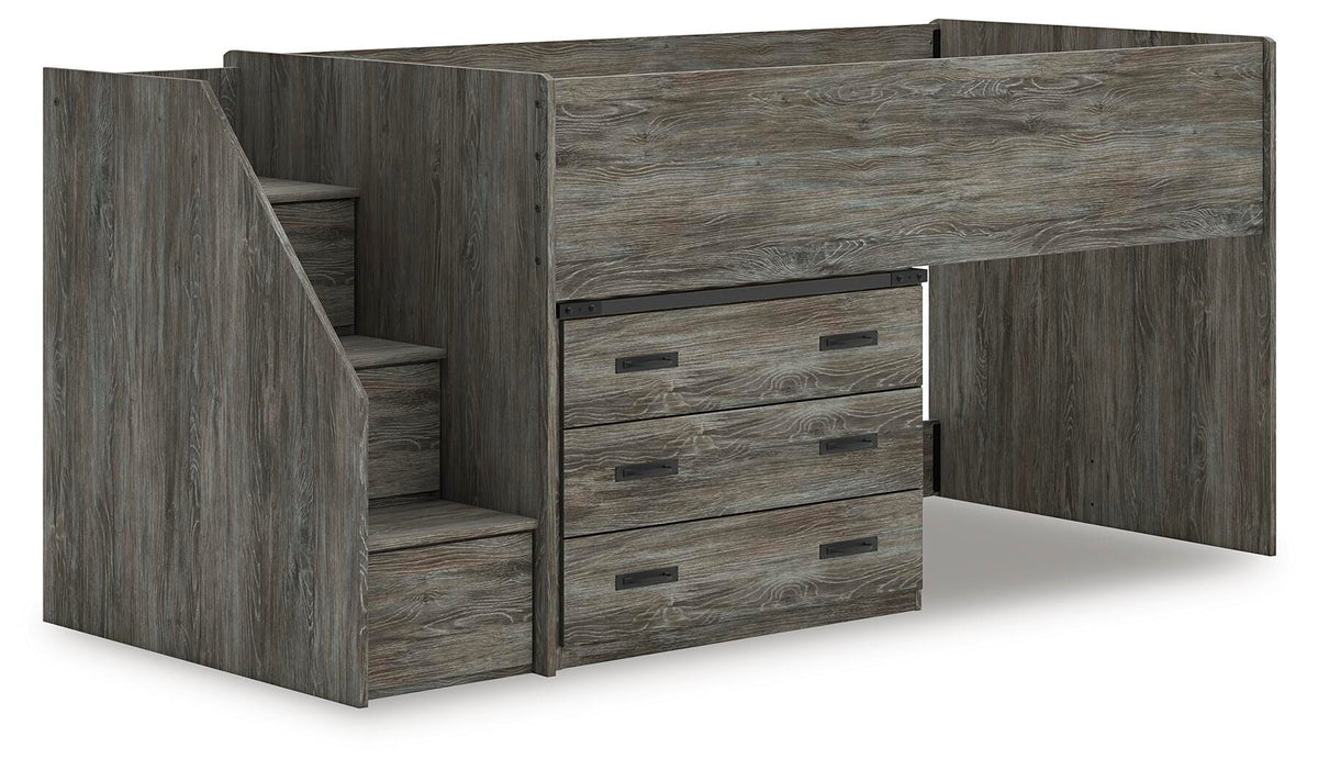 Frandern Twin Loft Bed with Drawer Storage in Gray, angle view