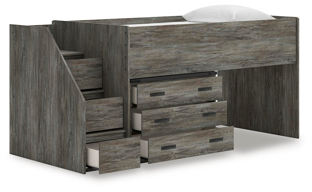 Frandern Twin Loft Bed with Drawer Storage in Gray, open view