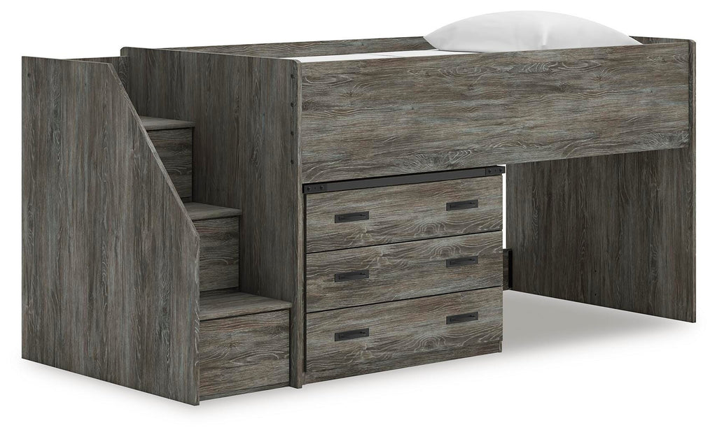 Frandern Twin Loft Bed with Drawer Storage in Gray, angle view