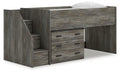 Frandern Twin Loft Bed with Drawer Storage in Gray, angle view