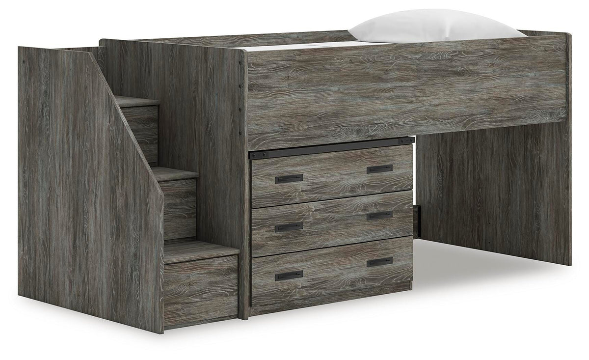 Frandern Twin Loft Bed with Drawer Storage in Gray, angle view