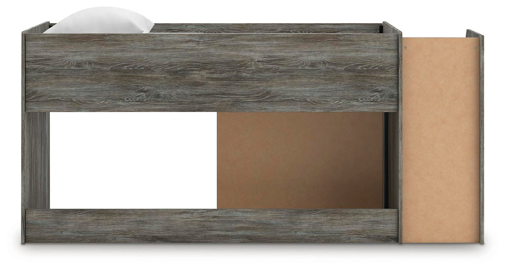Frandern Twin Loft Bed with Drawer Storage in Gray, back view
