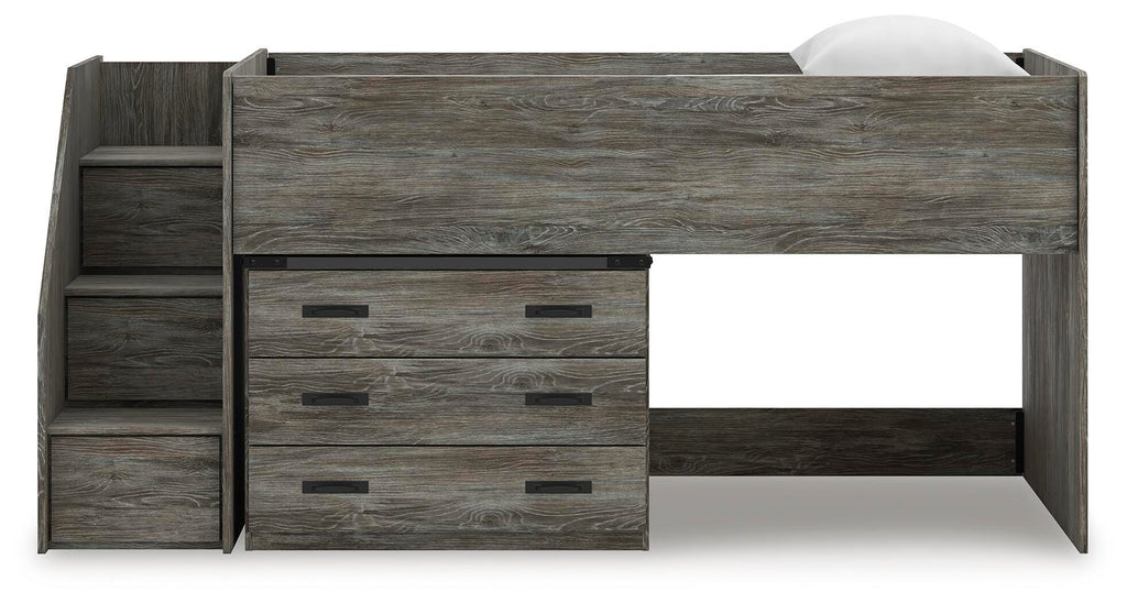 Frandern Twin Loft Bed with Drawer Storage in Gray, front view