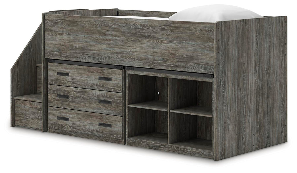 Frandern Twin Loft  Bed with Bookcase and Drawer Storage in Gray, angle view