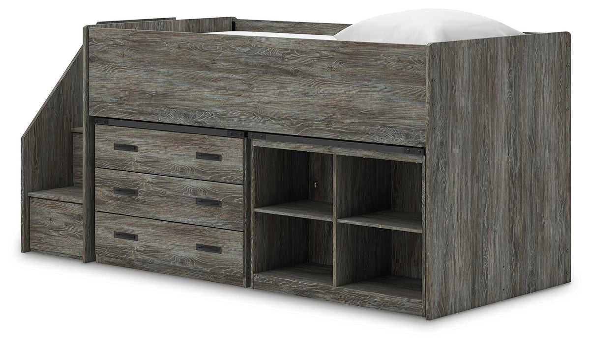 Frandern Twin Loft  Bed with Bookcase and Drawer Storage in Gray, angle view