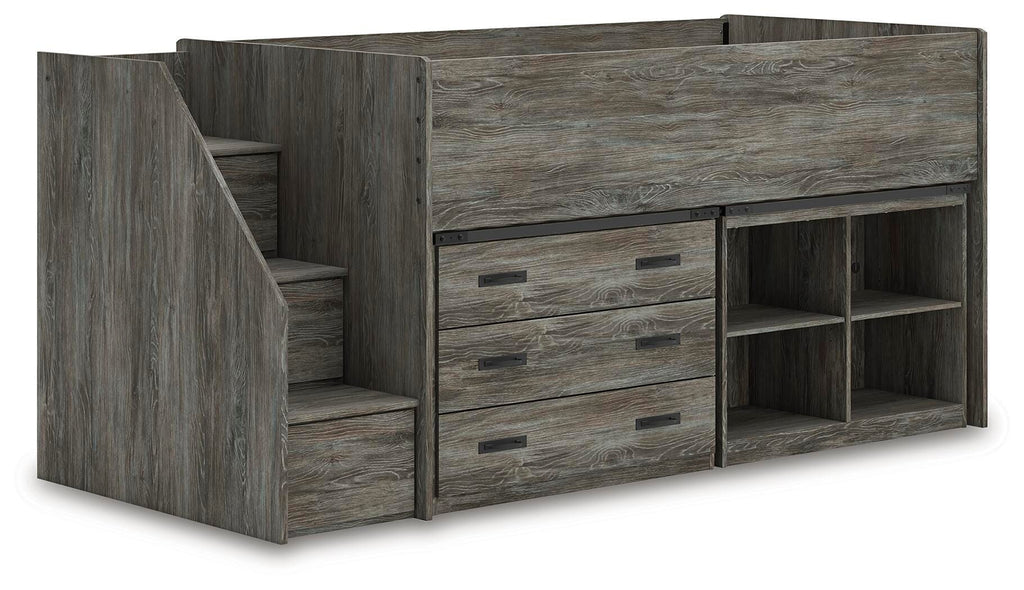 Frandern Twin Loft  Bed with Bookcase and Drawer Storage in Gray, angle view