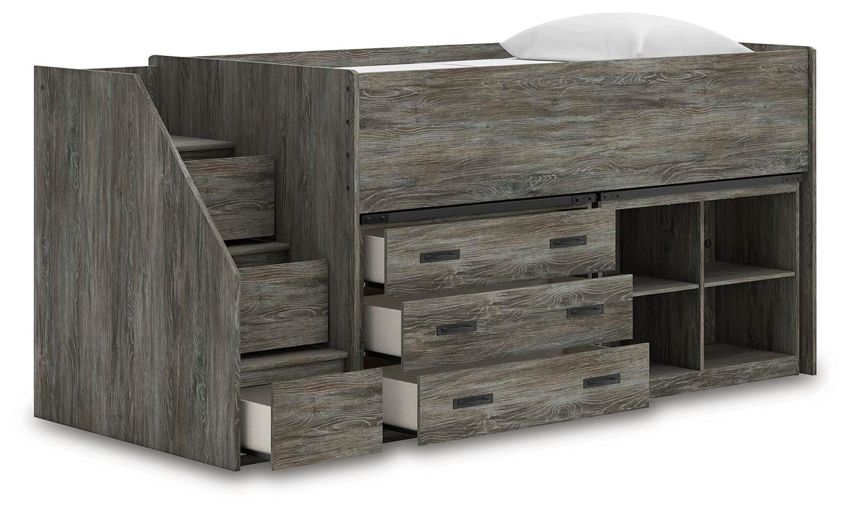 Frandern Twin Loft  Bed with Bookcase and Drawer Storage in Gray, open view