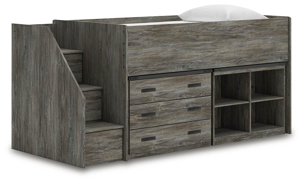 Frandern Twin Loft  Bed with Bookcase and Drawer Storage in Gray, angle view