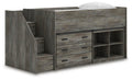 Frandern Twin Loft  Bed with Bookcase and Drawer Storage in Gray, angle view
