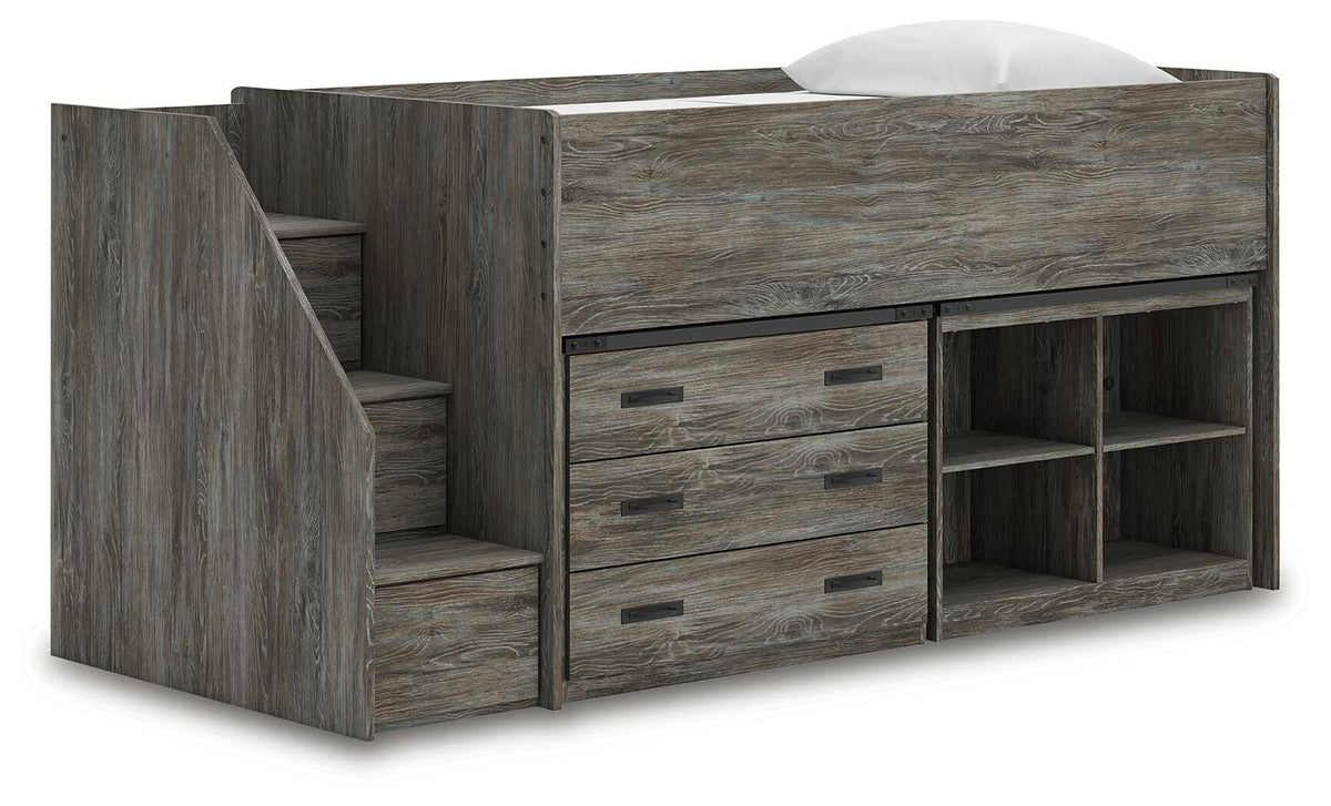 Frandern Twin Loft  Bed with Bookcase and Drawer Storage in Gray, angle view