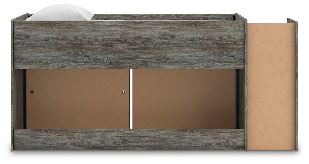 Frandern Twin Loft  Bed with Bookcase and Drawer Storage in Gray, back view